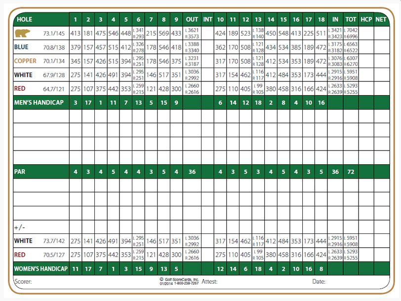 Cochise Golf Course Scorecard